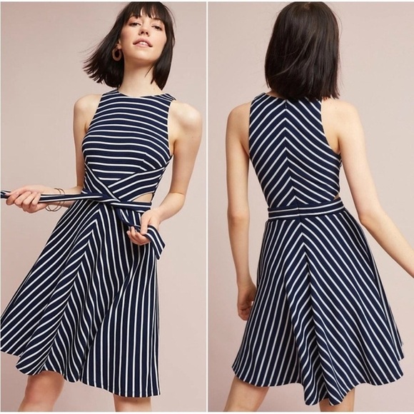 Anthropologie Hutch New Size M Kinsley Cut Out Wrap Tie Blue White Striped Dress - Picture 1 of 14